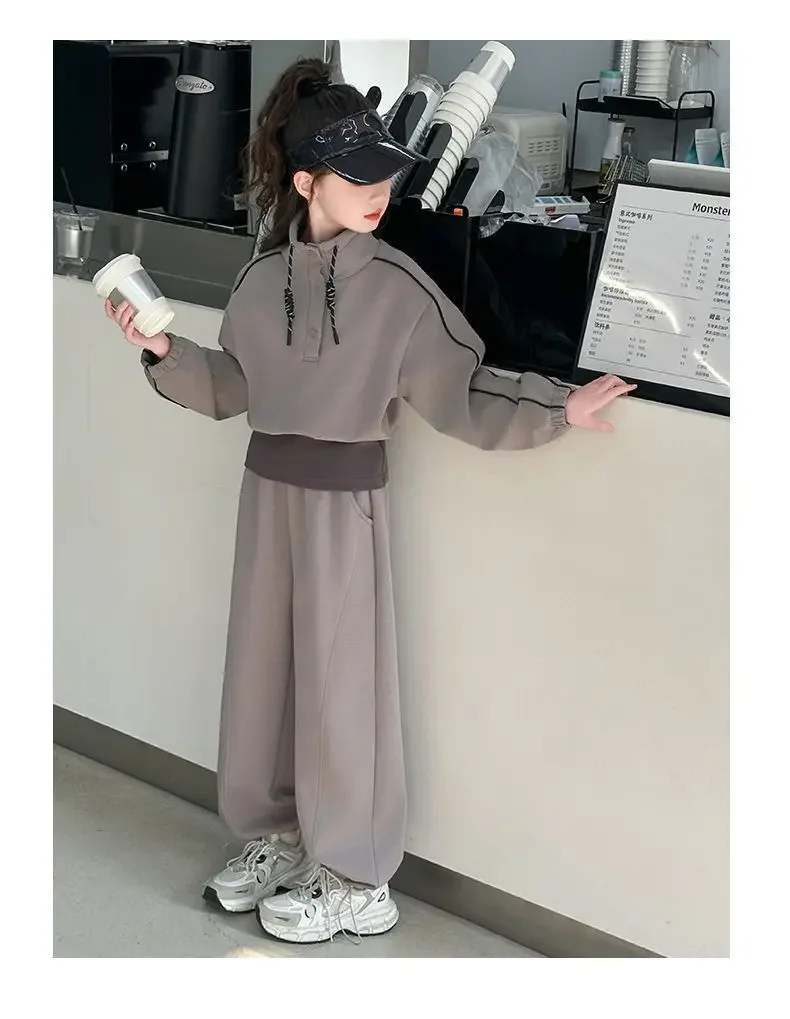ZOETOPKID 2026 Autumn Teenager Clothes Children Set Grey Batwing Striped Crop Top Sweatshirt + Wide Leg Pant Tracksuit