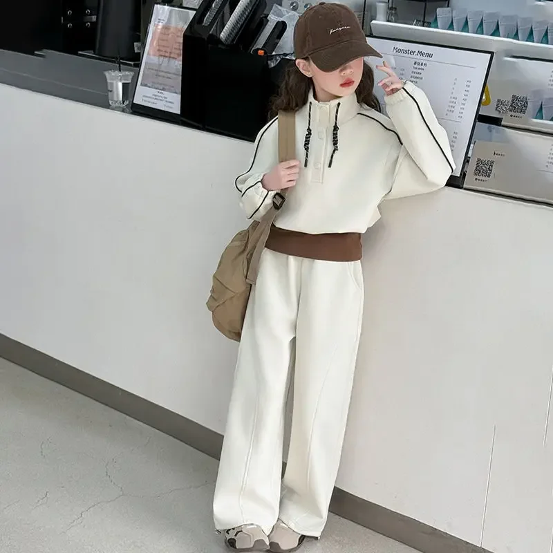 ZOETOPKID 2026 Autumn Teenager Clothes Children Set Grey Batwing Striped Crop Top Sweatshirt + Wide Leg Pant Tracksuit