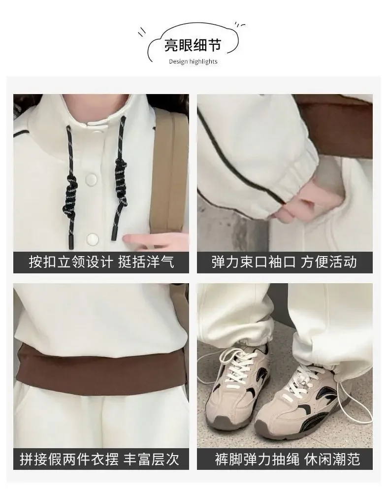 ZOETOPKID 2026 Autumn Teenager Clothes Children Set Grey Batwing Striped Crop Top Sweatshirt + Wide Leg Pant Tracksuit