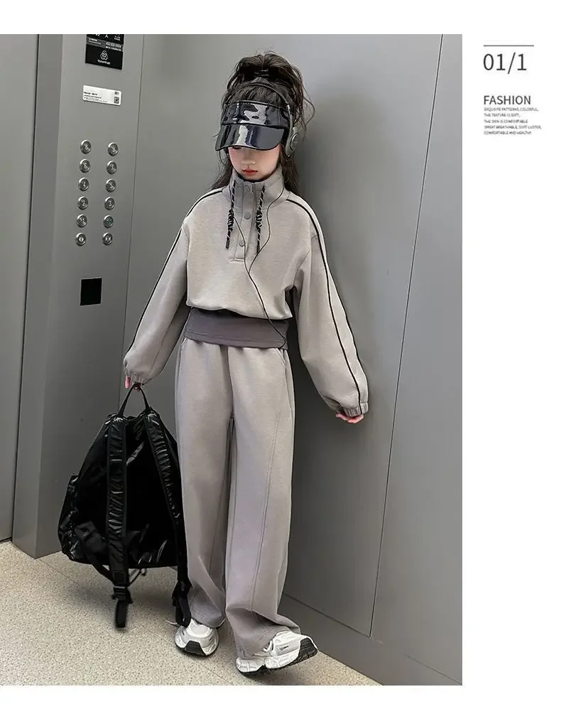 ZOETOPKID 2026 Autumn Teenager Clothes Children Set Grey Batwing Striped Crop Top Sweatshirt + Wide Leg Pant Tracksuit