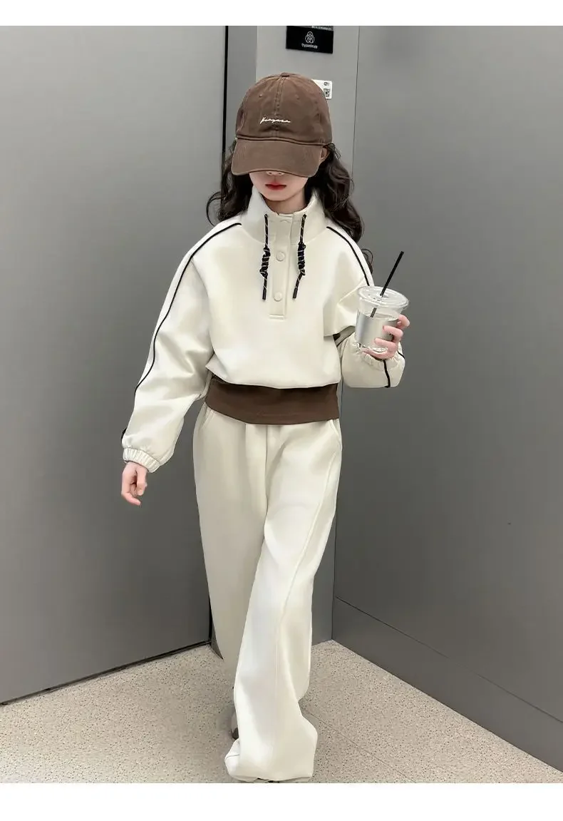 ZOETOPKID 2026 Autumn Teenager Clothes Children Set Grey Batwing Striped Crop Top Sweatshirt + Wide Leg Pant Tracksuit