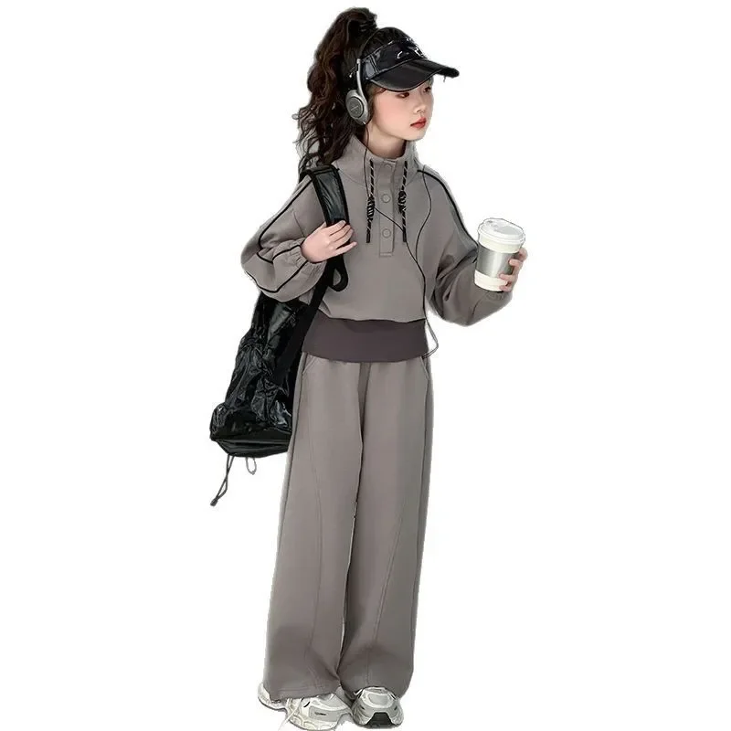 ZOETOPKID 2026 Autumn Teenager Clothes Children Set Grey Batwing Striped Crop Top Sweatshirt + Wide Leg Pant Tracksuit