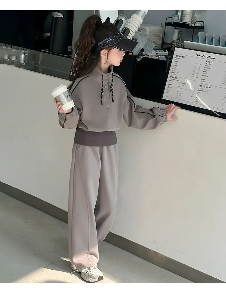 ZOETOPKID 2026 Autumn Teenager Clothes Children Set Grey Batwing Striped Crop Top Sweatshirt + Wide Leg Pant Tracksuit