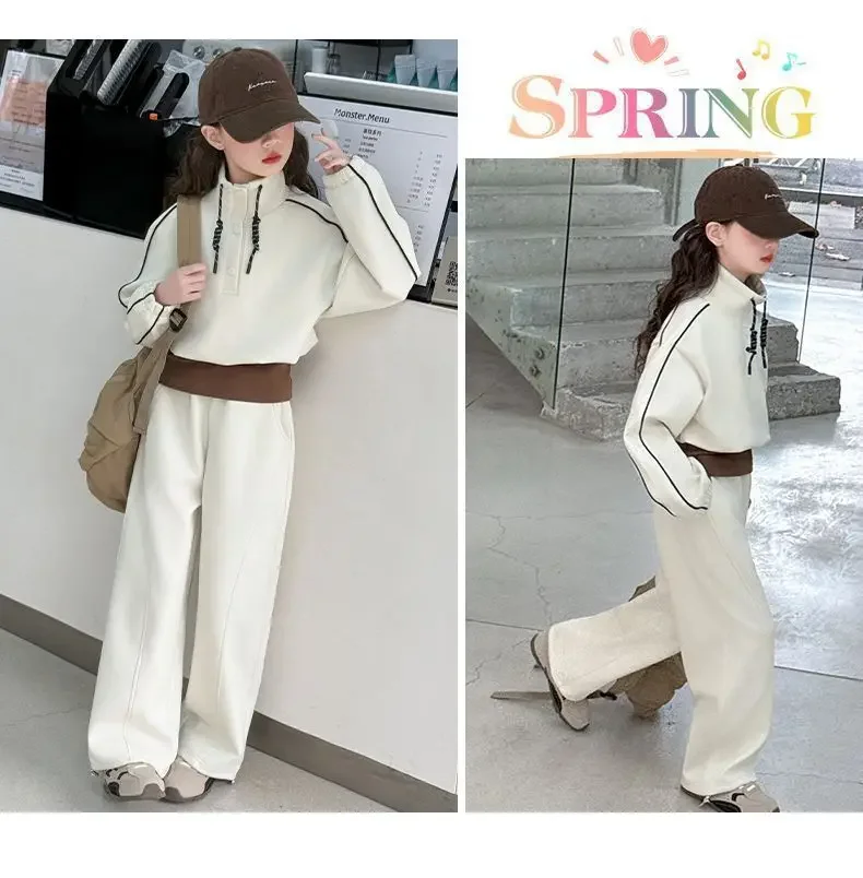 ZOETOPKID 2026 Autumn Teenager Clothes Children Set Grey Batwing Striped Crop Top Sweatshirt + Wide Leg Pant Tracksuit