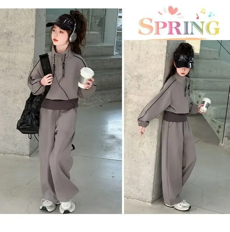 ZOETOPKID 2026 Autumn Teenager Clothes Children Set Grey Batwing Striped Crop Top Sweatshirt + Wide Leg Pant Tracksuit