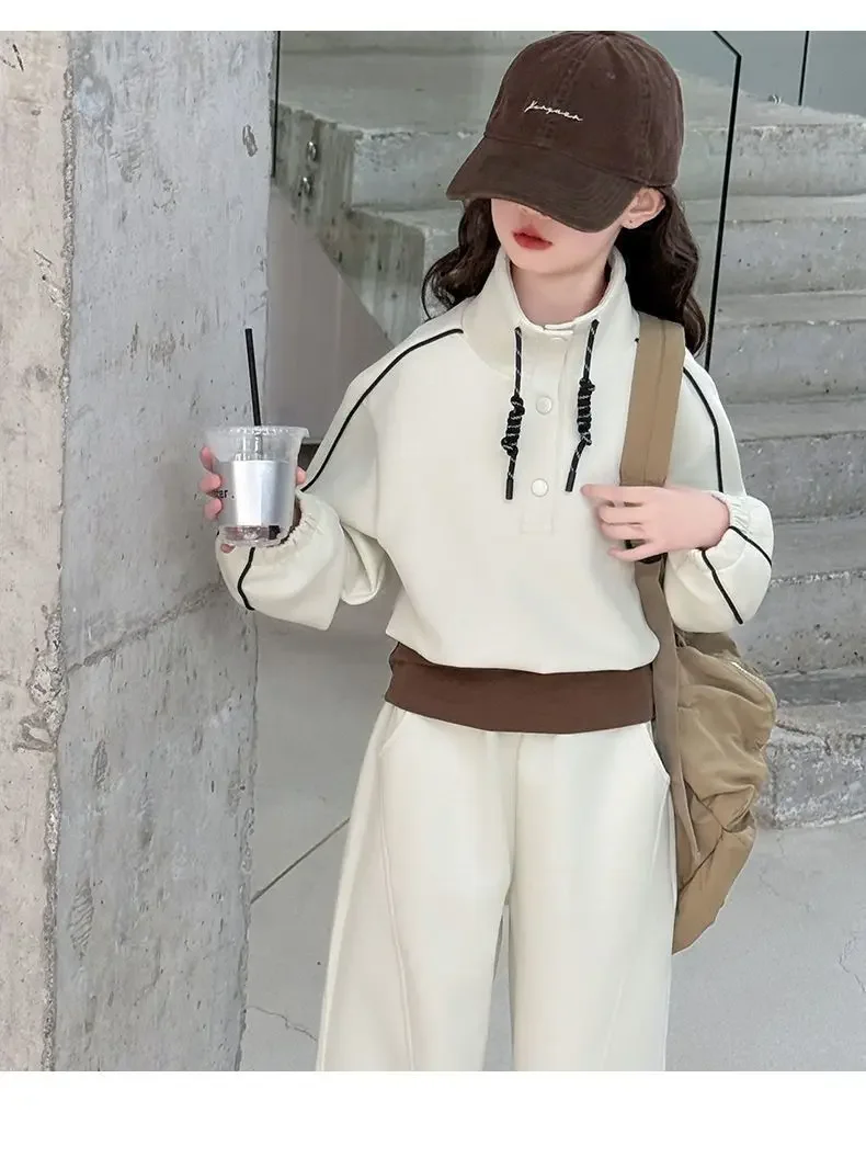 ZOETOPKID 2026 Autumn Teenager Clothes Children Set Grey Batwing Striped Crop Top Sweatshirt + Wide Leg Pant Tracksuit