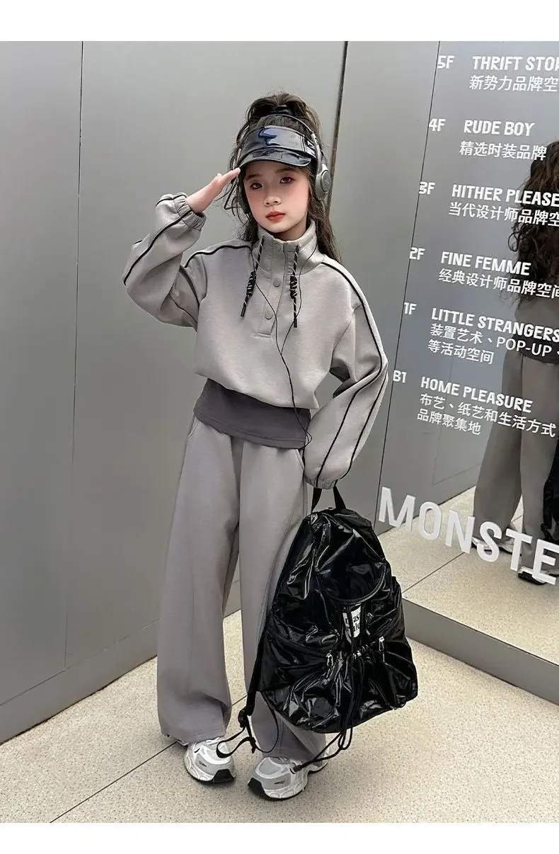 ZOETOPKID 2026 Autumn Teenager Clothes Children Set Grey Batwing Striped Crop Top Sweatshirt + Wide Leg Pant Tracksuit