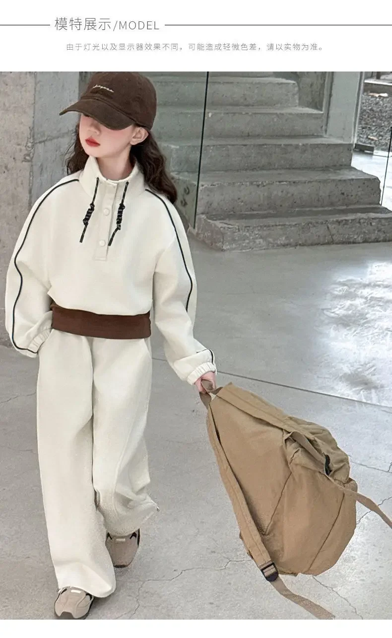 ZOETOPKID 2026 Autumn Teenager Clothes Children Set Grey Batwing Striped Crop Top Sweatshirt + Wide Leg Pant Tracksuit
