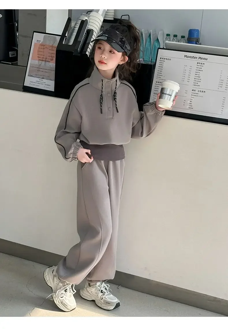 ZOETOPKID 2026 Autumn Teenager Clothes Children Set Grey Batwing Striped Crop Top Sweatshirt + Wide Leg Pant Tracksuit