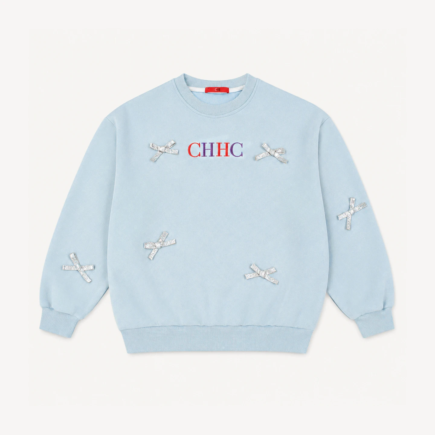 CH Girls Sweatshirt Long Sleeve Bow Applique Crew Neck Pullover Kids Casual Spring Autumn Top Light Blue