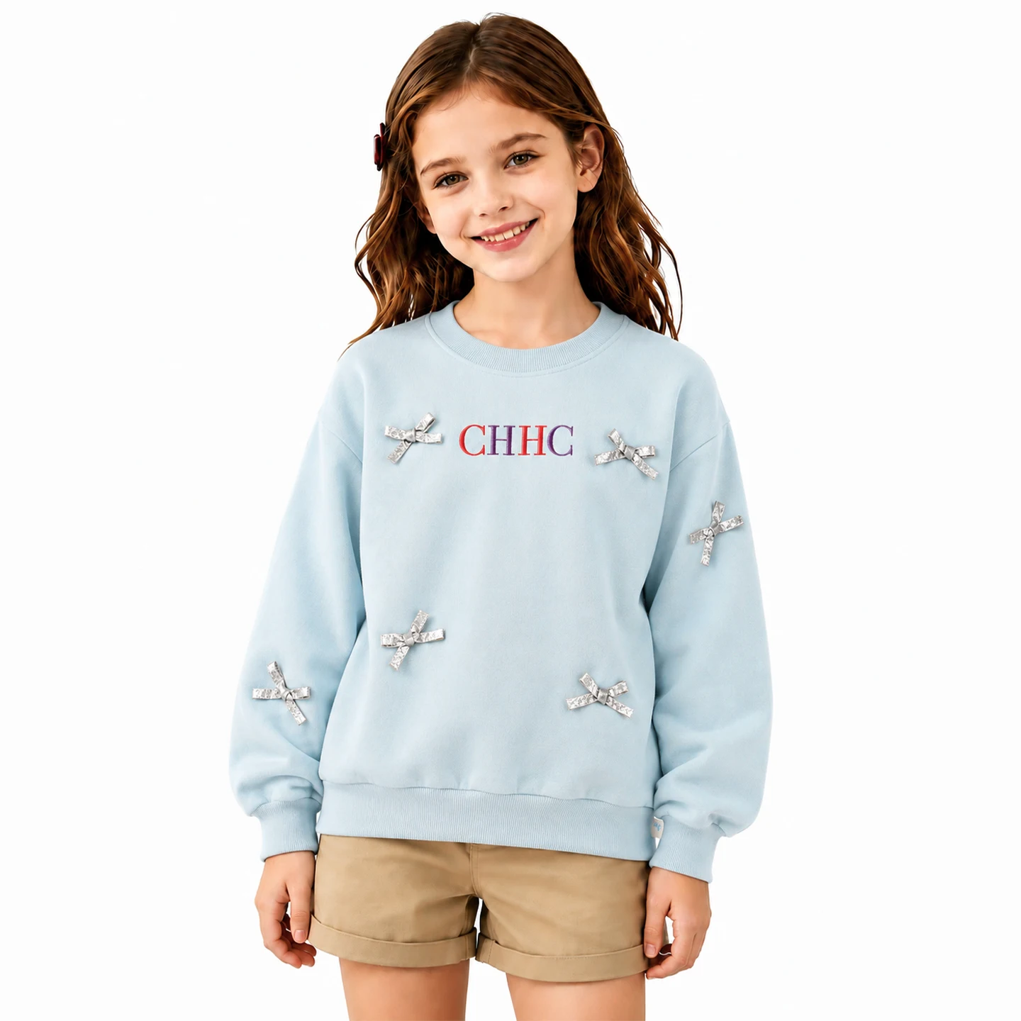CH Girls Sweatshirt Long Sleeve Bow Applique Crew Neck Pullover Kids Casual Spring Autumn Top Light Blue