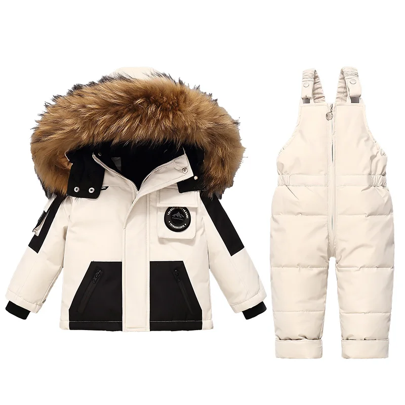 2pcs Set Children Winter Down Jacket and Jumpsuit for Baby Thicken Jacket for Girls Ski Suit Warm Real Fur Collar Boys Snowsuit