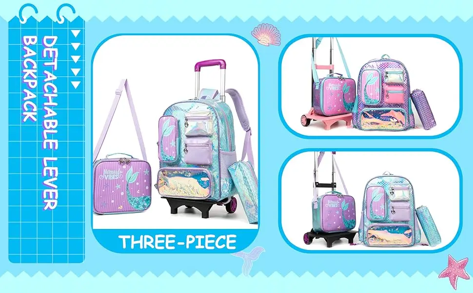 Mochila con ruedas de sirena para niñas, mochila con ruedas para estudiantes de primaria, bolsa escolar con lonchera y estuche