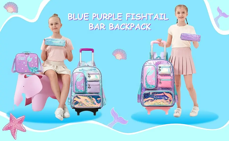 Mochila con ruedas de sirena para niñas, mochila con ruedas para estudiantes de primaria, bolsa escolar con lonchera y estuche