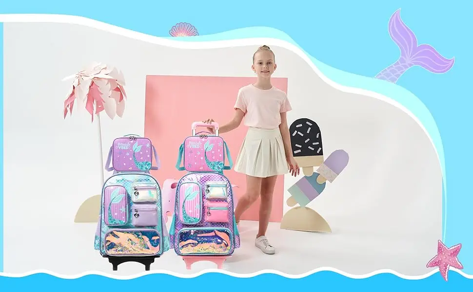 Mochila con ruedas de sirena para niñas, mochila con ruedas para estudiantes de primaria, bolsa escolar con lonchera y estuche