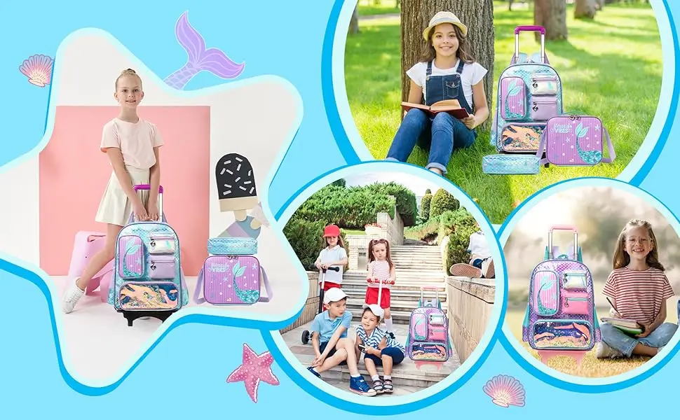 Mochila con ruedas de sirena para niñas, mochila con ruedas para estudiantes de primaria, bolsa escolar con lonchera y estuche