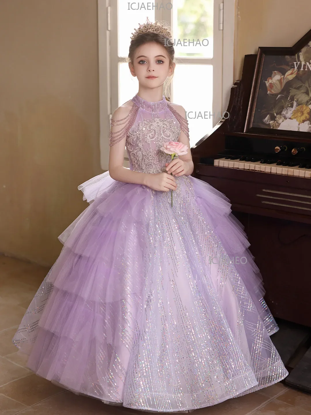 2026 Purple Kids Formal Girls Princess Gown Children PianoGirl Evening Costume Performance Elegant Host Dress Wedding Flower