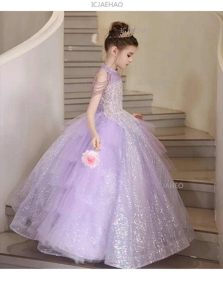 2026 Purple Kids Formal Girls Princess Gown Children PianoGirl Evening Costume Performance Elegant Host Dress Wedding Flower