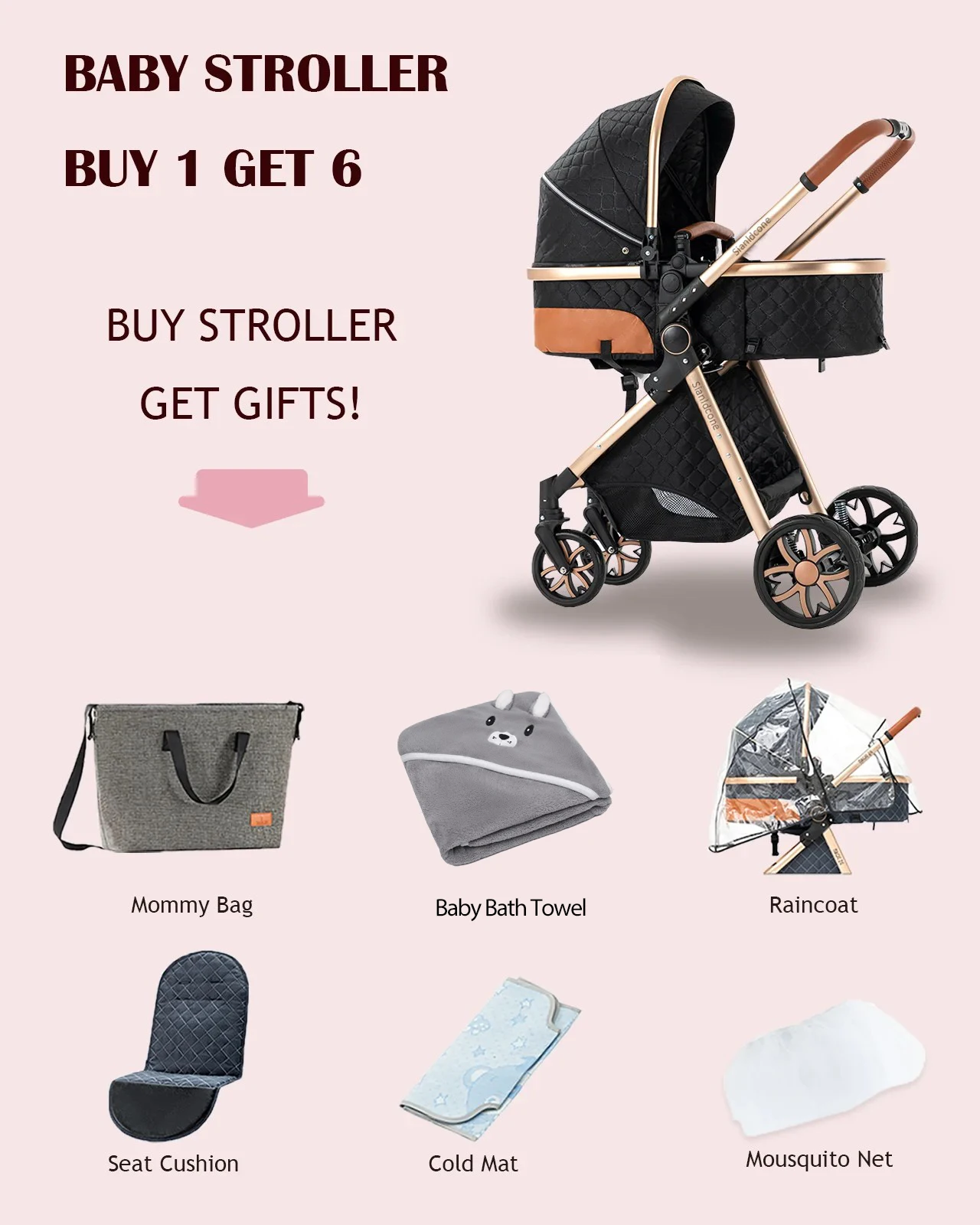 3-in-1 Baby Stroller Combined with Carrycot and Travel System with Car Seat, Lightweight Aluminum Frame, Foldable, Easy to Transport, High Position, Reclining Backrest, Reversible Seat, All-Terrain Wheels with Suspension, Sunshade, Anti-Uv Canopy, Bebe.