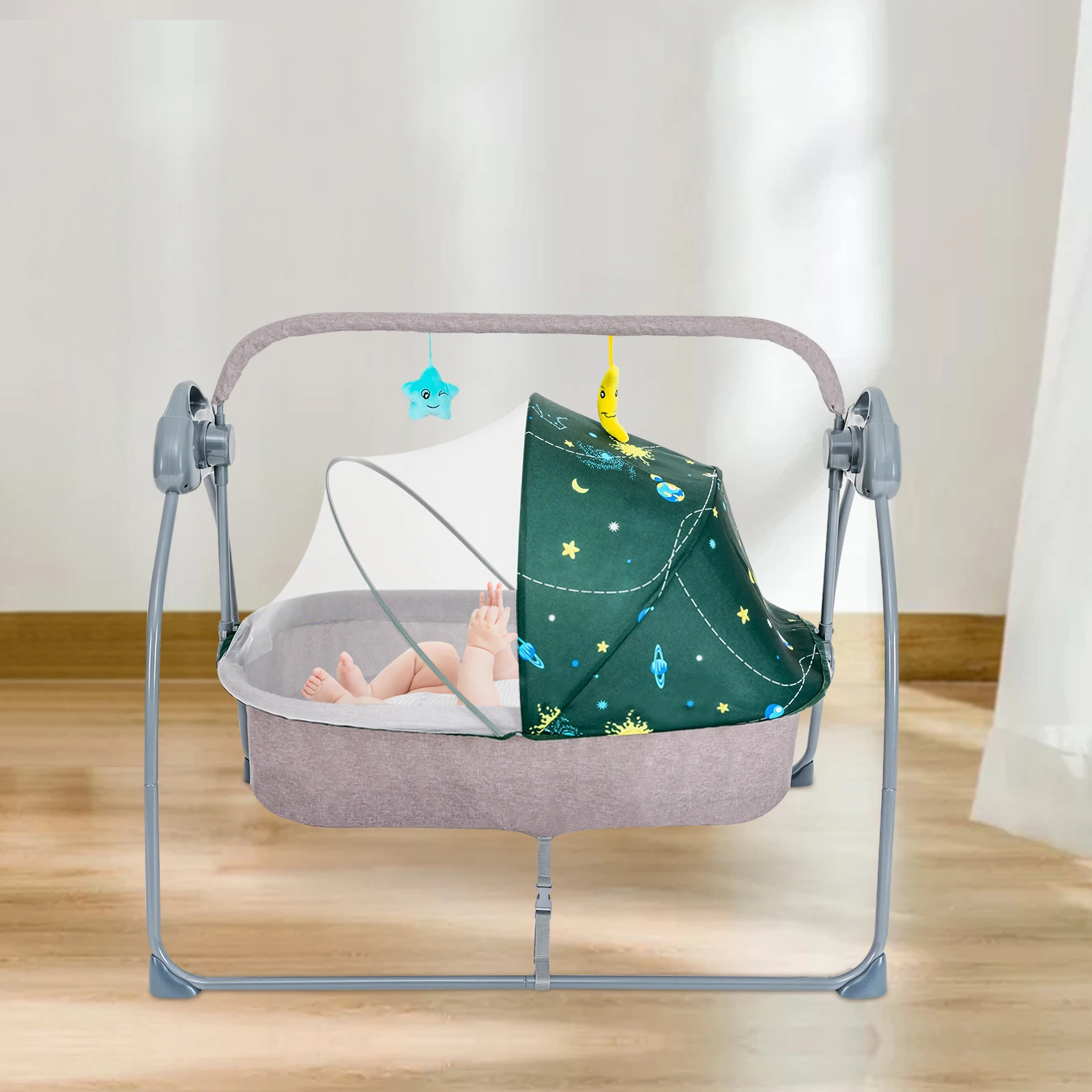 25kg Load Electric Baby Cradle, 5 Swing Speeds Auto Infant Swing Bed, Timing Control Newborn Soothing Rocker, Portable Baby Sleeping Bouncer, Multifunctional Kid Lullaby Cradle Chair