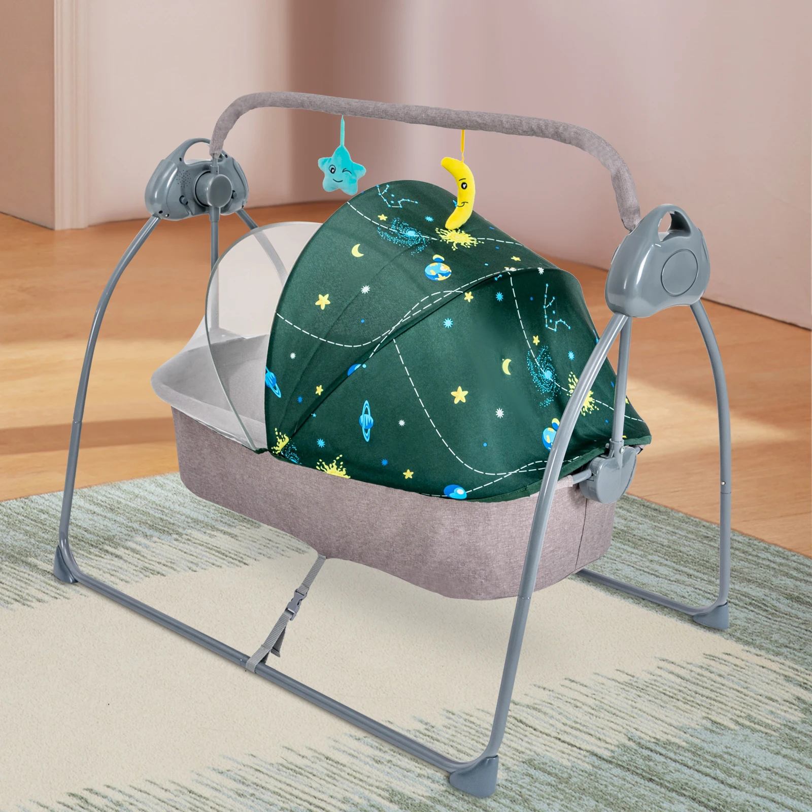 25kg Load Electric Baby Cradle, 5 Swing Speeds Auto Infant Swing Bed, Timing Control Newborn Soothing Rocker, Portable Baby Sleeping Bouncer, Multifunctional Kid Lullaby Cradle Chair