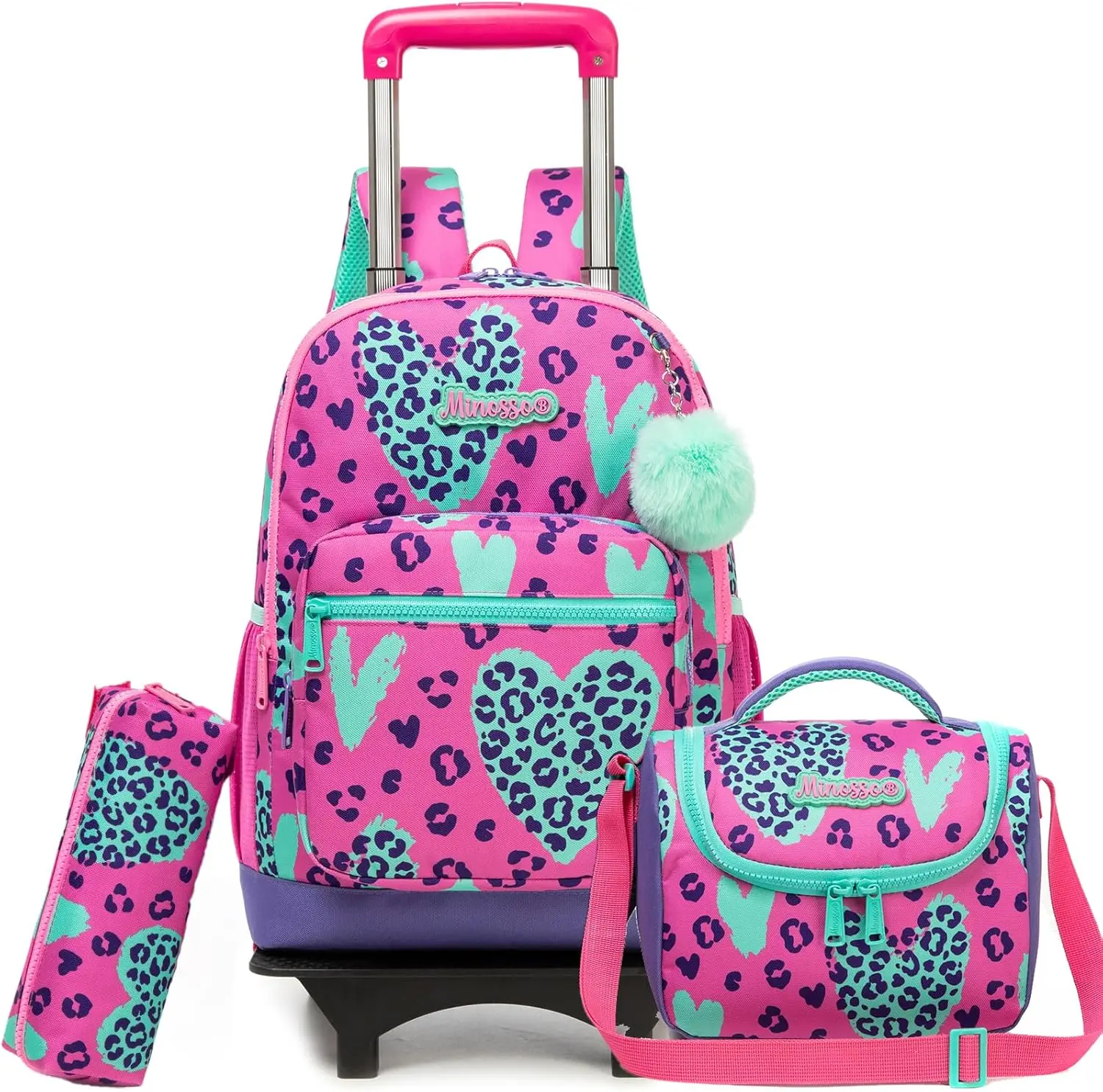 Rolling Backpack for Kids Girls Rolling Backpack for School Backpacks with Wheels for Kids 8-12 Leopard Print Love Roller Backpa