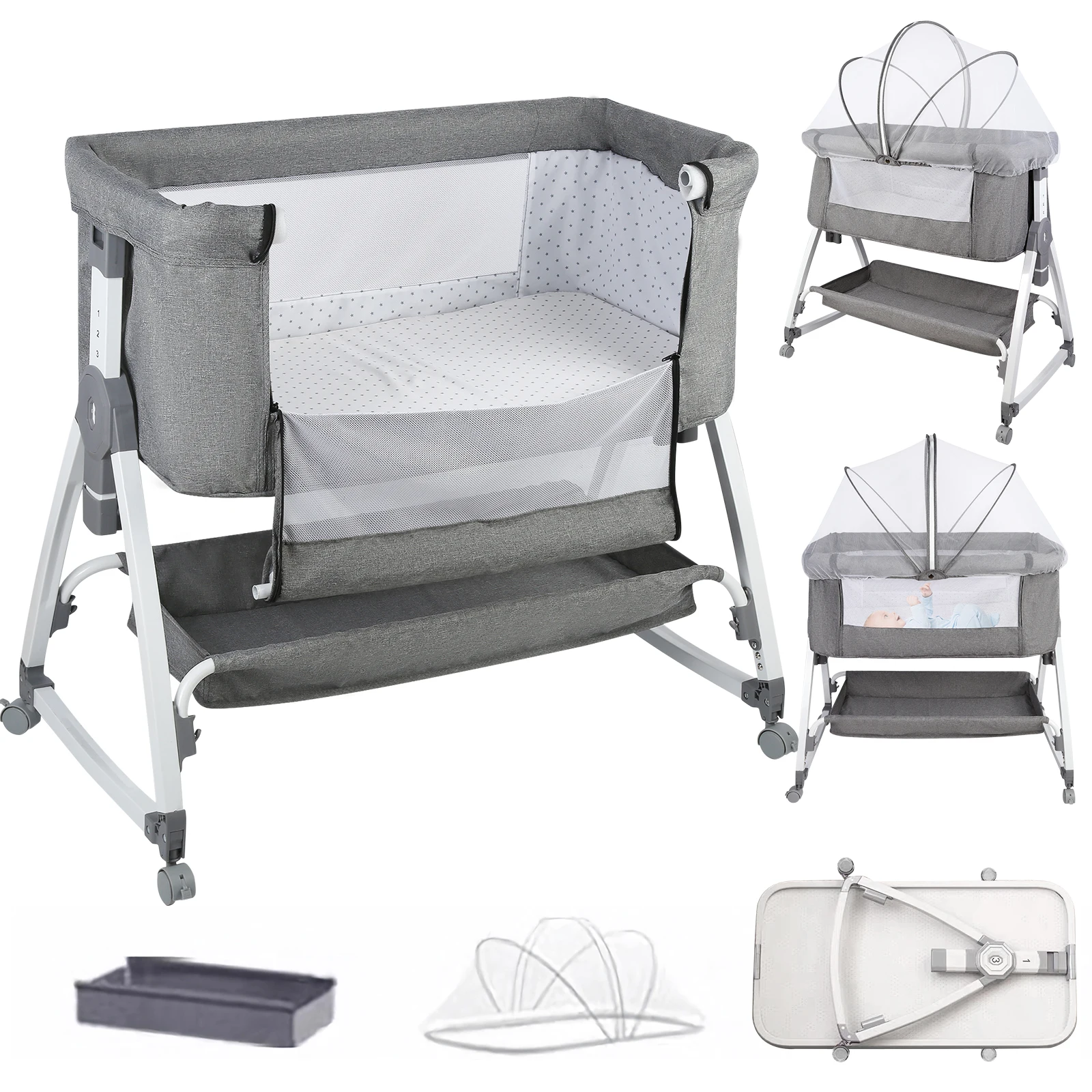 Baby Co-sleeping Crib, 2-in-1, with Mosquito Net, Height-Adjustable Bedside Crib, with Wheels and Rocking Function, for Ages 0–36 Months, 80 X 40 X 100–116 cm