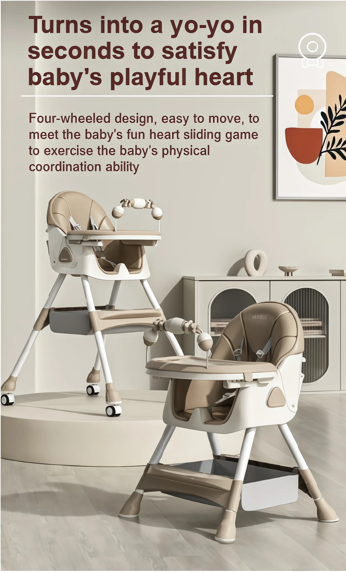 2 in 1 Baby High Chair and Rocking Horse Convertible Toddler Feeding Chair with Adjustable Reclining Backrest Double Tray 5 Point Harness Foldable Frame 360 Degree Swivel Wheels Storage Basket for Dining Play Rocking