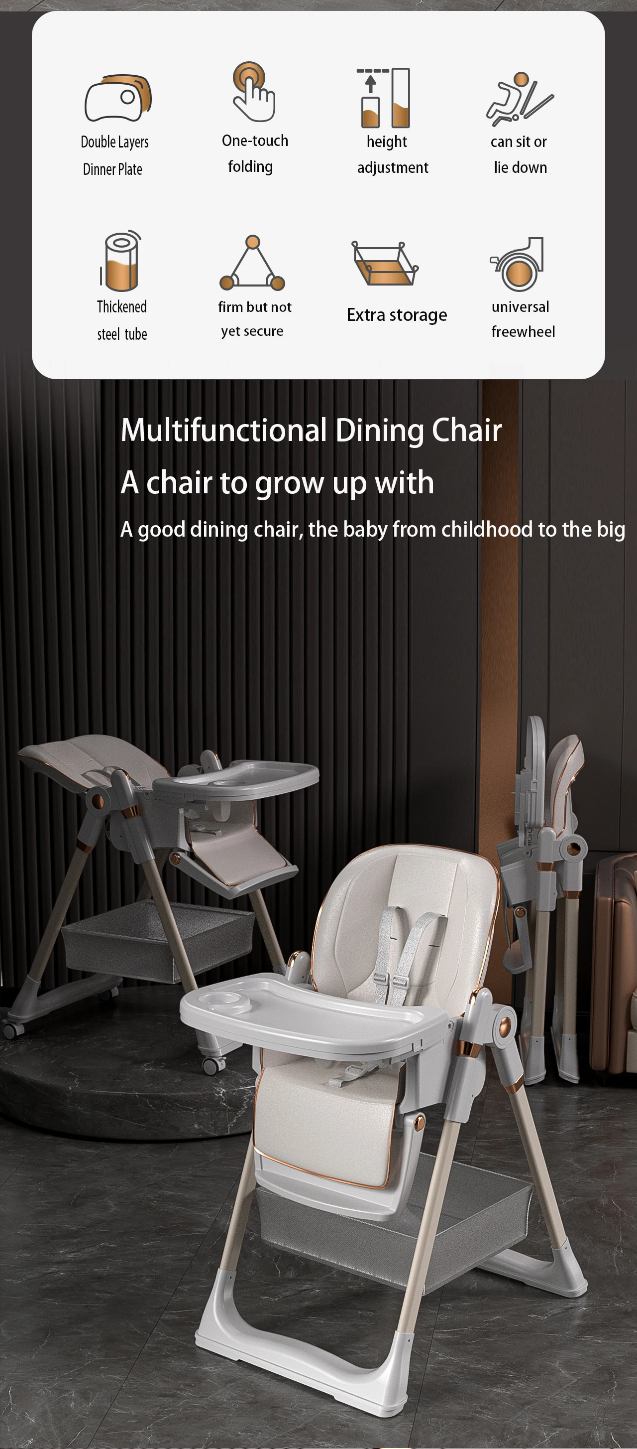Baby Dinner Table Chair Baby High Chair Four Wheel Hand Push Newborn High Chair