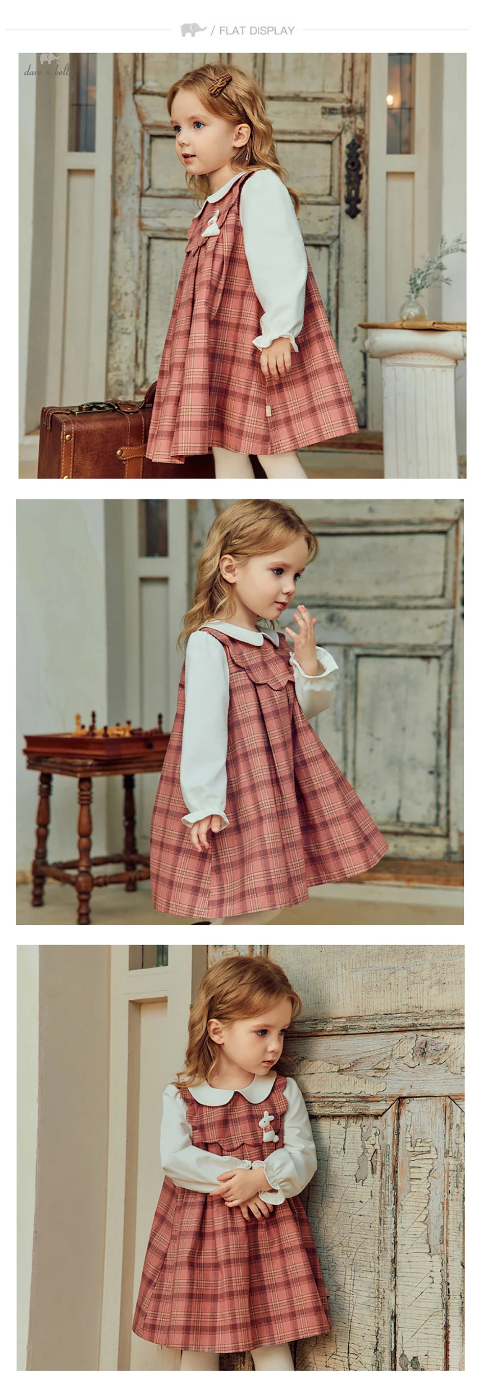 Dave Bella Girls Princess Dress Sweet Cute Childrens Plaid Fake Two Piece Baby Long Sleeve Dress Outdoor Party DB3261130