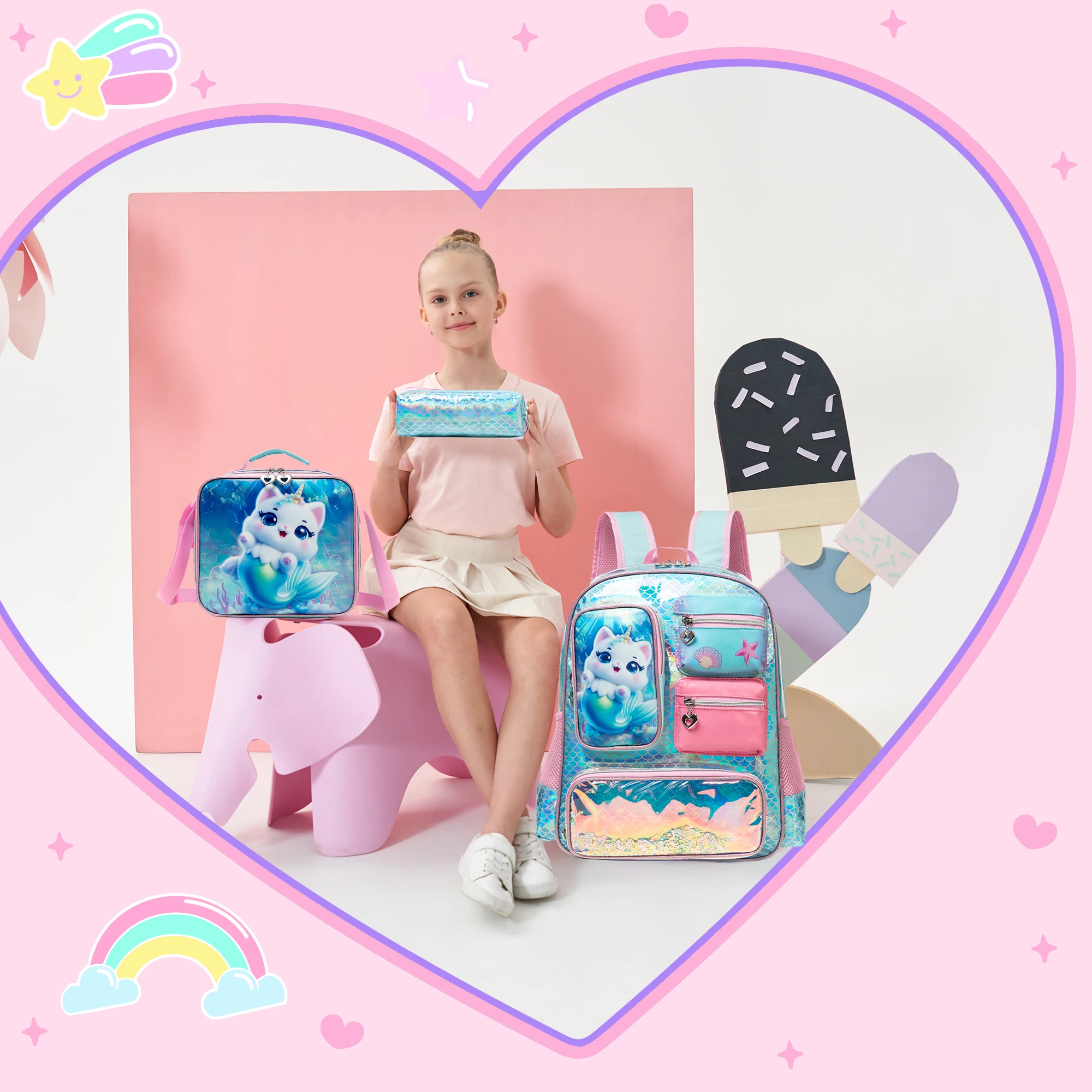Meetbelify Backpack for Girls Backpacks for Elementary Preschool Students Kids School Cute Backpack with Lunch Box