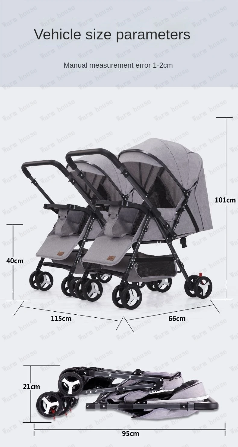 Portable Twin Baby Stroller Multifunctional Twin Baby Stroller Adjustable Backrest Detachable Two-way Baby Stroller Foldable