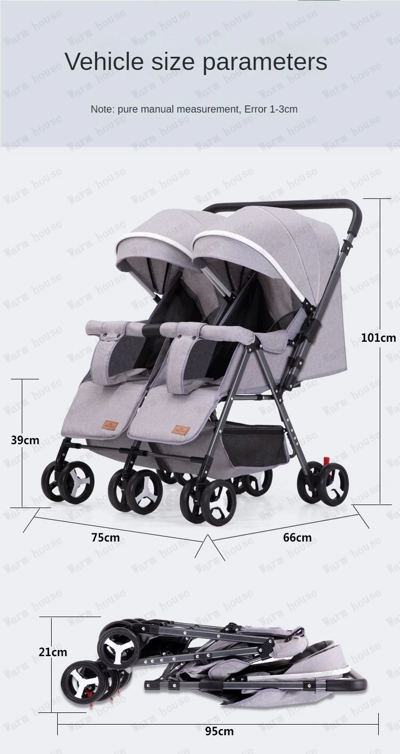 Portable Twin Baby Stroller Multifunctional Twin Baby Stroller Adjustable Backrest Detachable Two-way Baby Stroller Foldable