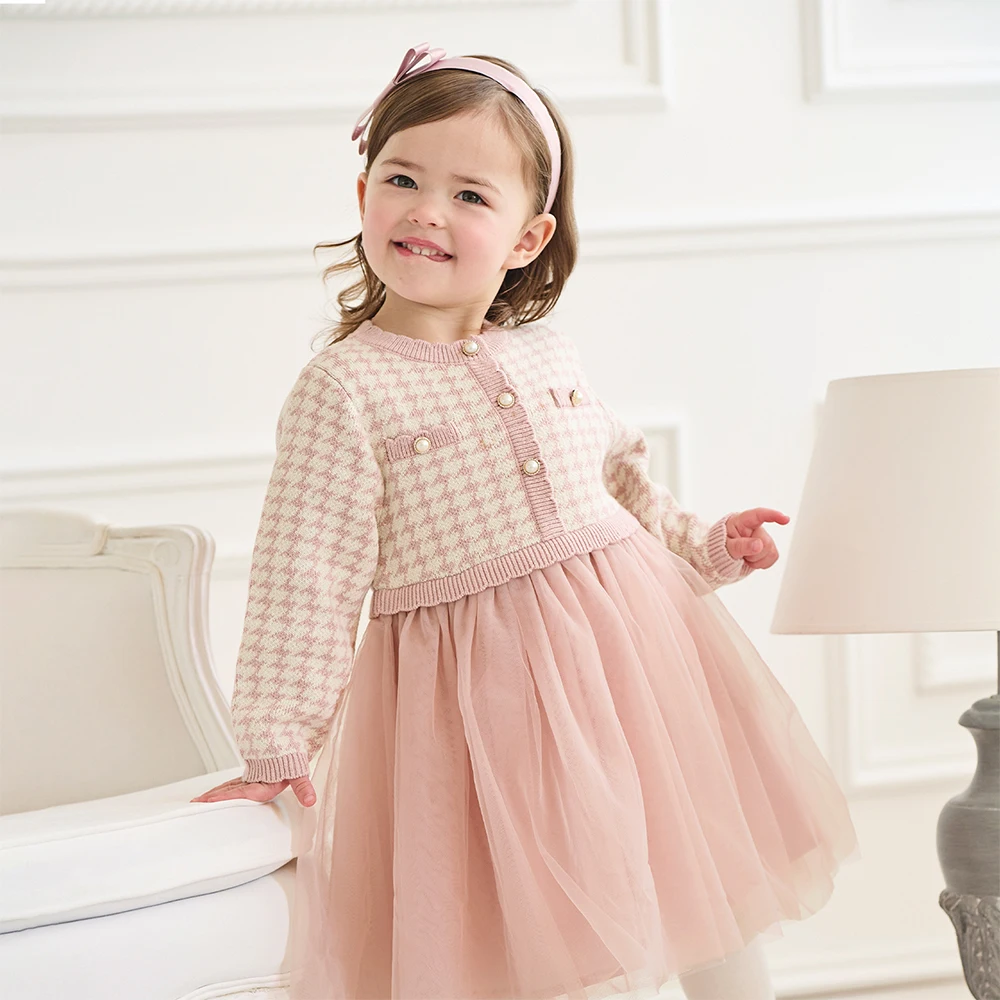 Dave Bella Children's Fake Two piece Dress Autumn Charm Gentle Cute Girls' Pink Mesh Princess Dress Party Outdoor DB3253125