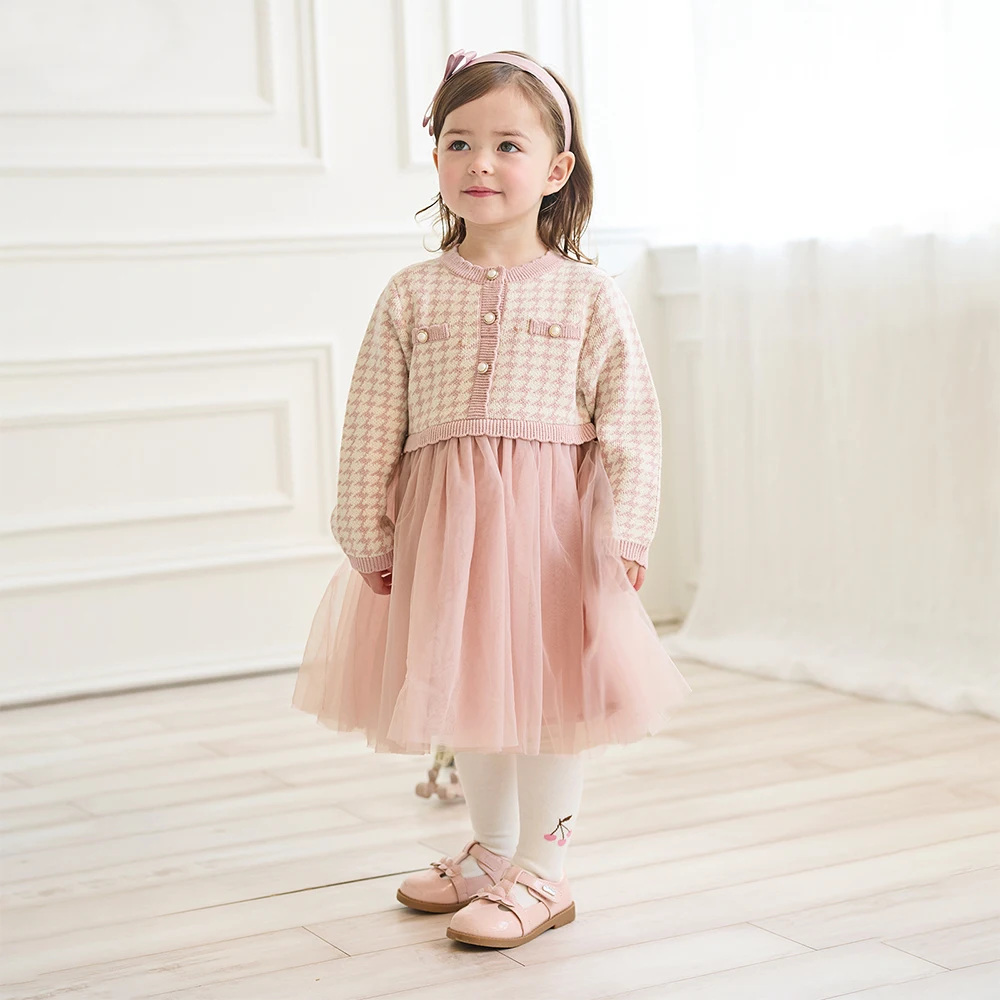Dave Bella Children's Fake Two piece Dress Autumn Charm Gentle Cute Girls' Pink Mesh Princess Dress Party Outdoor DB3253125