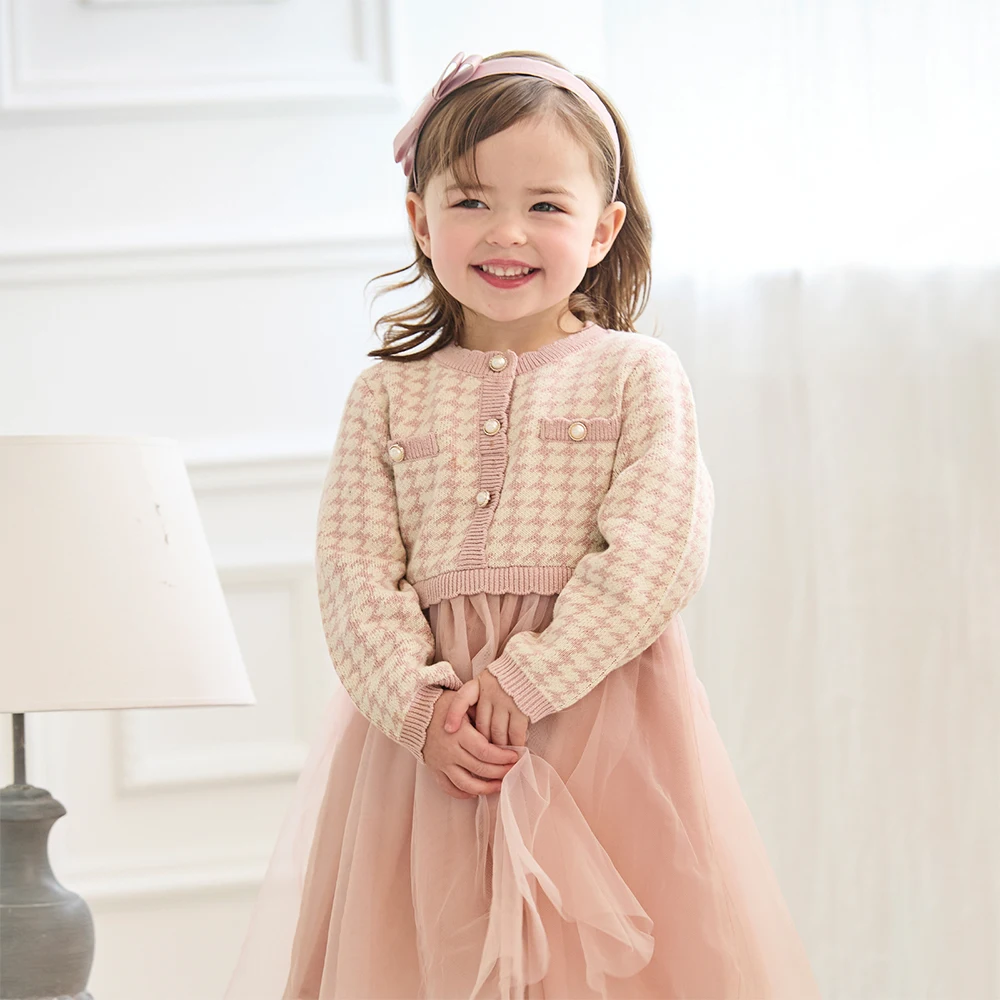 Dave Bella Children's Fake Two piece Dress Autumn Charm Gentle Cute Girls' Pink Mesh Princess Dress Party Outdoor DB3253125