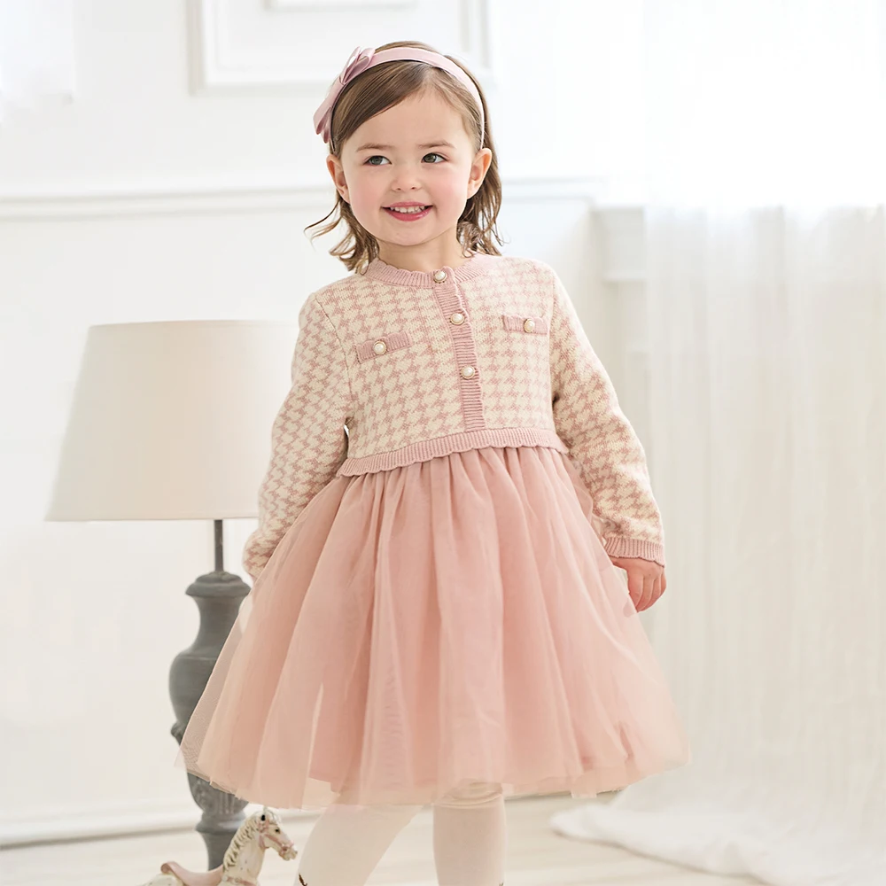 Dave Bella Children's Fake Two piece Dress Autumn Charm Gentle Cute Girls' Pink Mesh Princess Dress Party Outdoor DB3253125