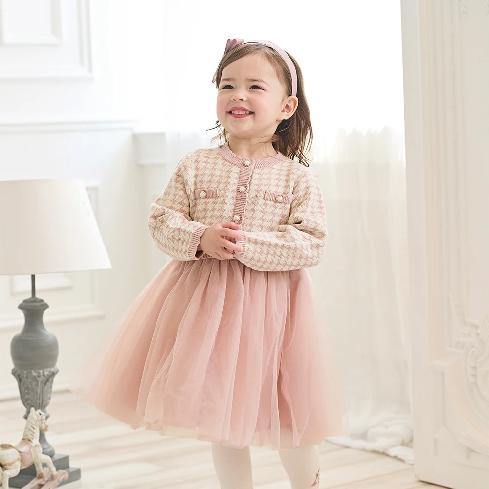 Dave Bella Children's Fake Two piece Dress Autumn Charm Gentle Cute Girls' Pink Mesh Princess Dress Party Outdoor DB3253125
