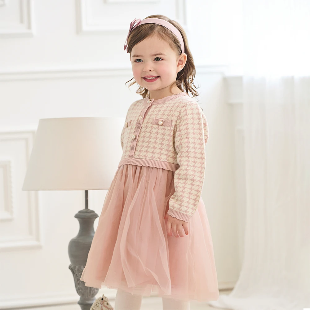 Dave Bella Children's Fake Two piece Dress Autumn Charm Gentle Cute Girls' Pink Mesh Princess Dress Party Outdoor DB3253125