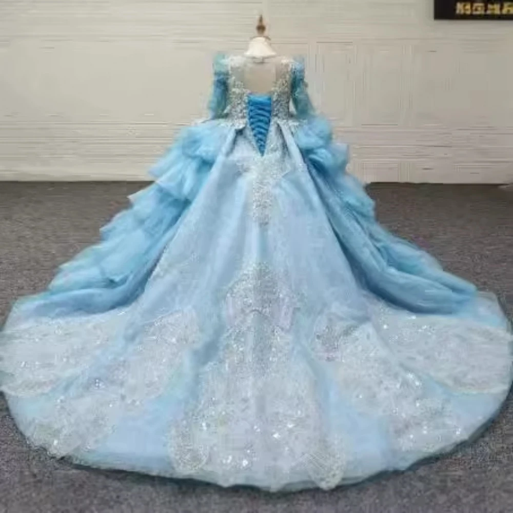 Txjojn New Luxury Embroidery Beads Pearls Dresses For Girls Birthday Party Glitter Sequined Lace Ball Gown Stage Performance