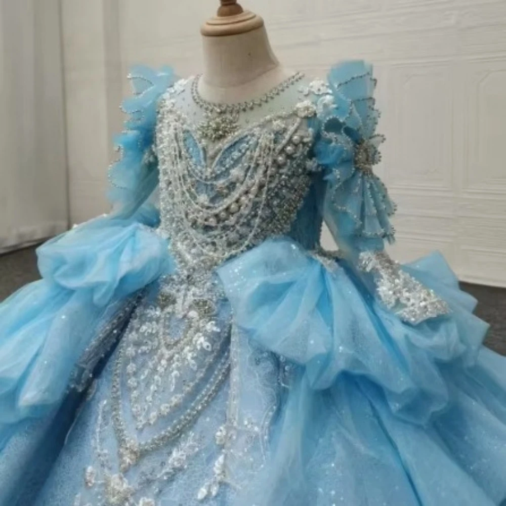 Txjojn New Luxury Embroidery Beads Pearls Dresses For Girls Birthday Party Glitter Sequined Lace Ball Gown Stage Performance