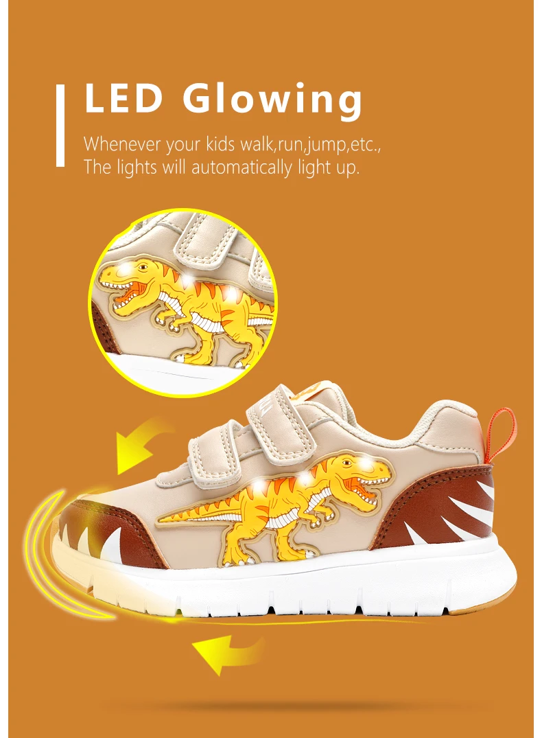 EXDINO Dinosaur Baby Kids LED T-REX Leather Autumn New Boys Girls Flashing Sneakers Light Up Little Children Casual Sports Shoes