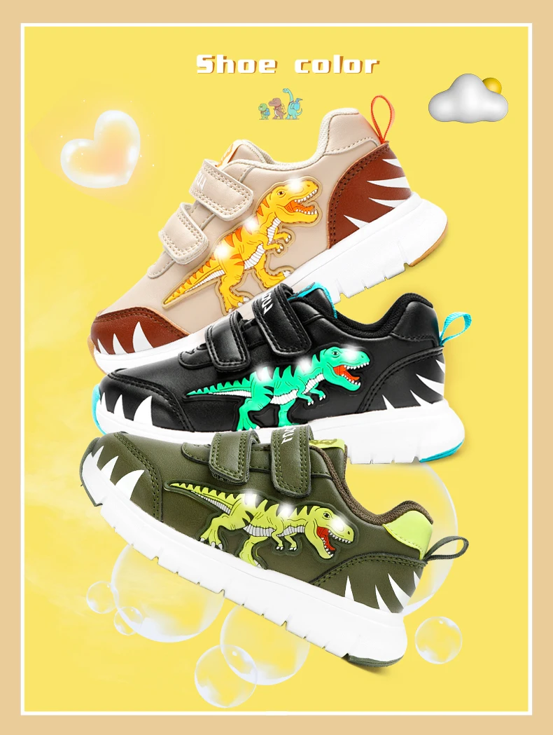 EXDINO Dinosaur Baby Kids LED T-REX Leather Autumn New Boys Girls Flashing Sneakers Light Up Little Children Casual Sports Shoes