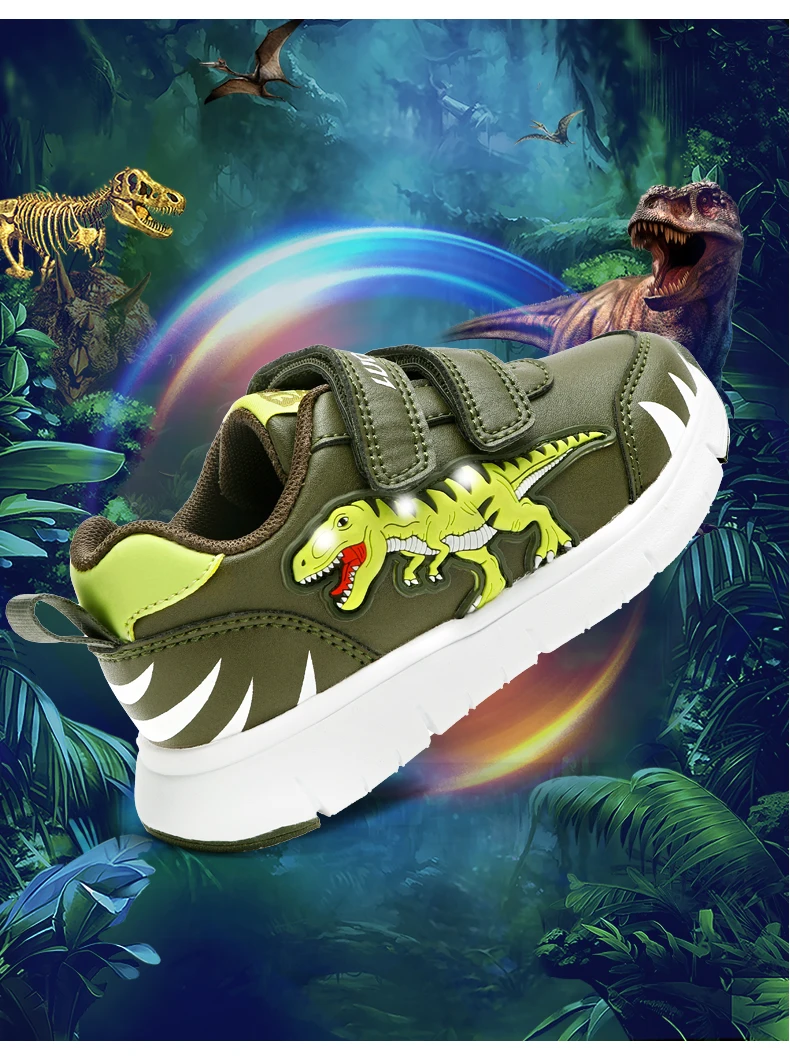 EXDINO Dinosaur Baby Kids LED T-REX Leather Autumn New Boys Girls Flashing Sneakers Light Up Little Children Casual Sports Shoes