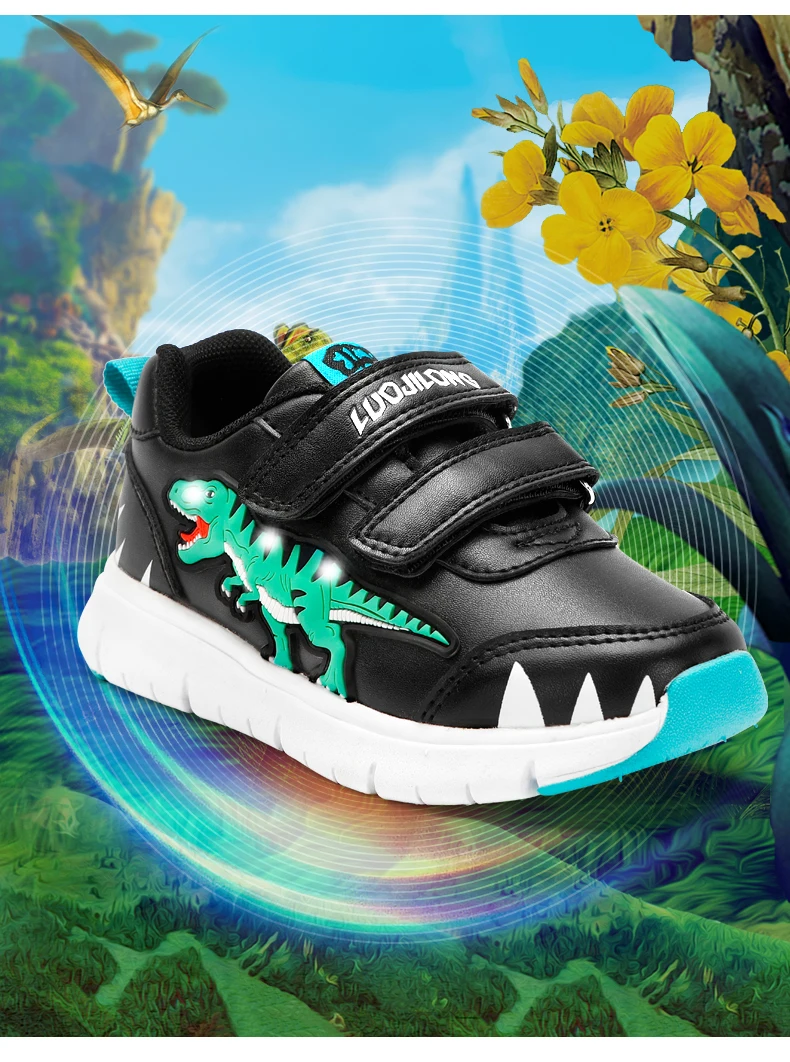 EXDINO Dinosaur Baby Kids LED T-REX Leather Autumn New Boys Girls Flashing Sneakers Light Up Little Children Casual Sports Shoes