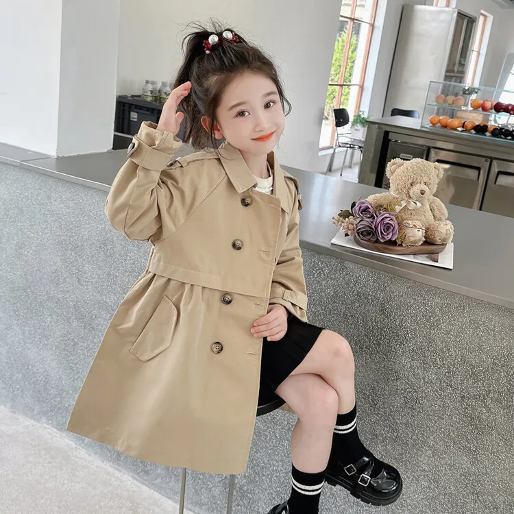 2025 Spring Autumn New 2 3 4 5 6 7 8 9 10 12 Years Children Outerwear Coats Baby Kids Girls Medium Long Slim Waist Trench Jacket