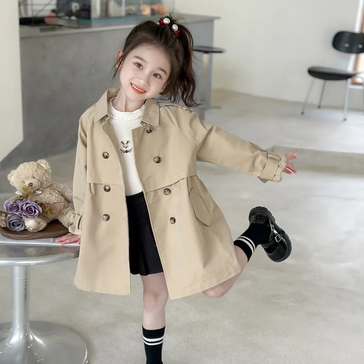 2025 Spring Autumn New 2 3 4 5 6 7 8 9 10 12 Years Children Outerwear Coats Baby Kids Girls Medium Long Slim Waist Trench Jacket