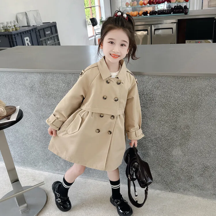 2025 Spring Autumn New 2 3 4 5 6 7 8 9 10 12 Years Children Outerwear Coats Baby Kids Girls Medium Long Slim Waist Trench Jacket