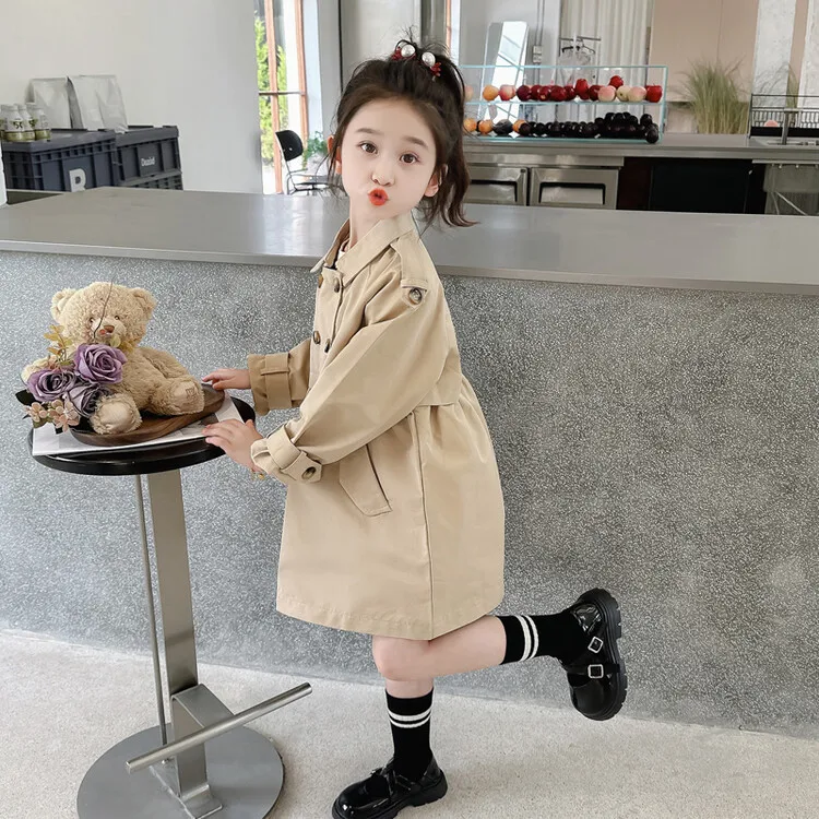2025 Spring Autumn New 2 3 4 5 6 7 8 9 10 12 Years Children Outerwear Coats Baby Kids Girls Medium Long Slim Waist Trench Jacket