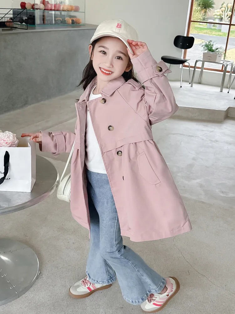 2025 Spring Autumn New 2 3 4 5 6 7 8 9 10 12 Years Children Outerwear Coats Baby Kids Girls Medium Long Slim Waist Trench Jacket